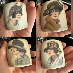 Rare Art Deco 1920's Painted Porcelain Napkin Rings Depicting 4 Flapper Girls
